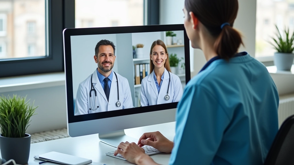 Healthcare provider conducting virtual video consultation with patient on computer screen in professional medical office setting, showing video call interface