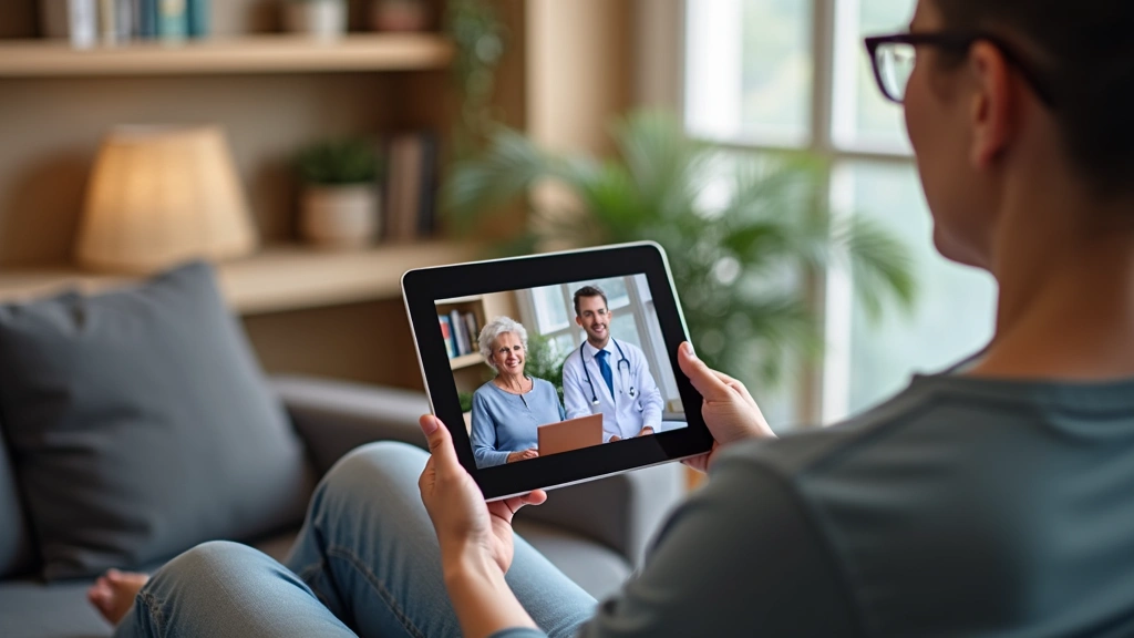 Senior patient receiving telehealth consultation from home via tablet device, sitting comfortably in living room with healthc