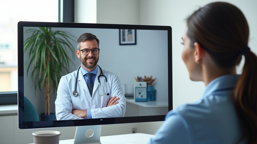 Healthcare provider conducting synchronous telehealth video consultation with patient on computer screen, professional medical office setting, high-definition video call interface visible