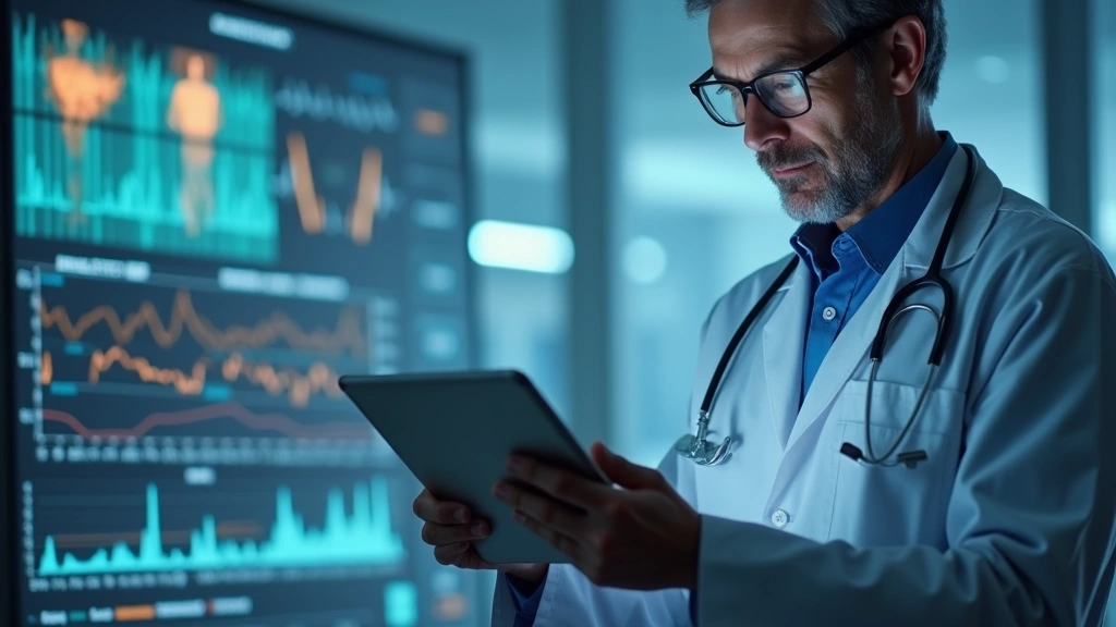 Doctor reviewing remote patient monitoring data on tablet device, clinical dashboard with vital signs and health metrics disp