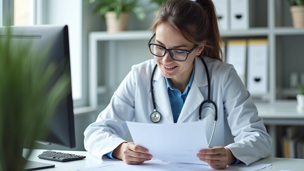 Medical billing specialist reviewing CPT codes and insurance documentation at desk, healthcare revenue cycle management, orga