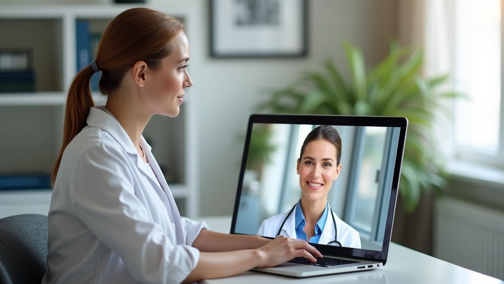 Professional woman in home office having video consultation with dermatologist on laptop screen, natural lighting, medical setting visible