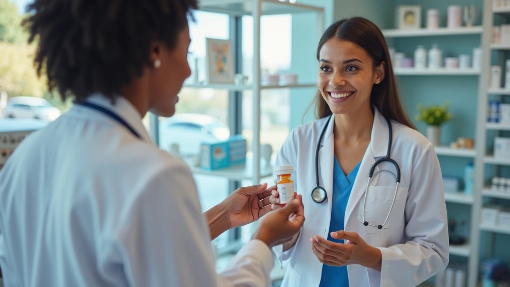 Diverse patient receiving prescription medication from pharmacist after telehealth dermatology visit, pharmacy setting, profe