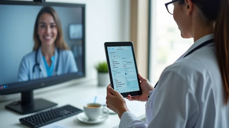 Healthcare provider reviewing medical notes on digital tablet during secure telehealth video consultation with patient on screen