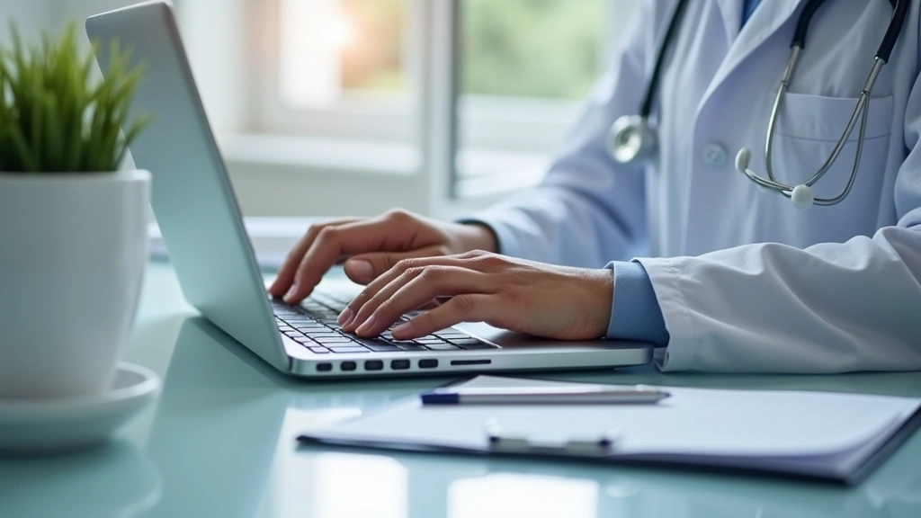 Close-up of hands typing clinical documentation on laptop in professional medical office with HIPAA compliance certificates v