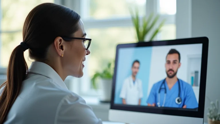 Healthcare provider in modern office conducting video consultation on computer screen with patient visible, professional medical setting, natural lighting, focused on provider's face and screen