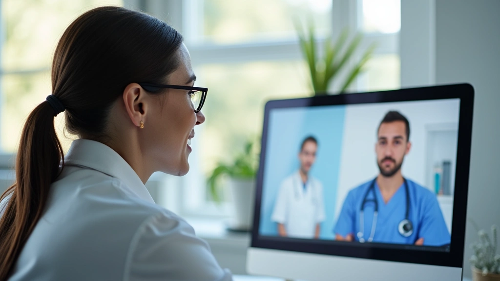 Healthcare provider in modern office conducting video consultation on computer screen with patient visible, professional medical setting, natural lighting, focused on provider's face and screen