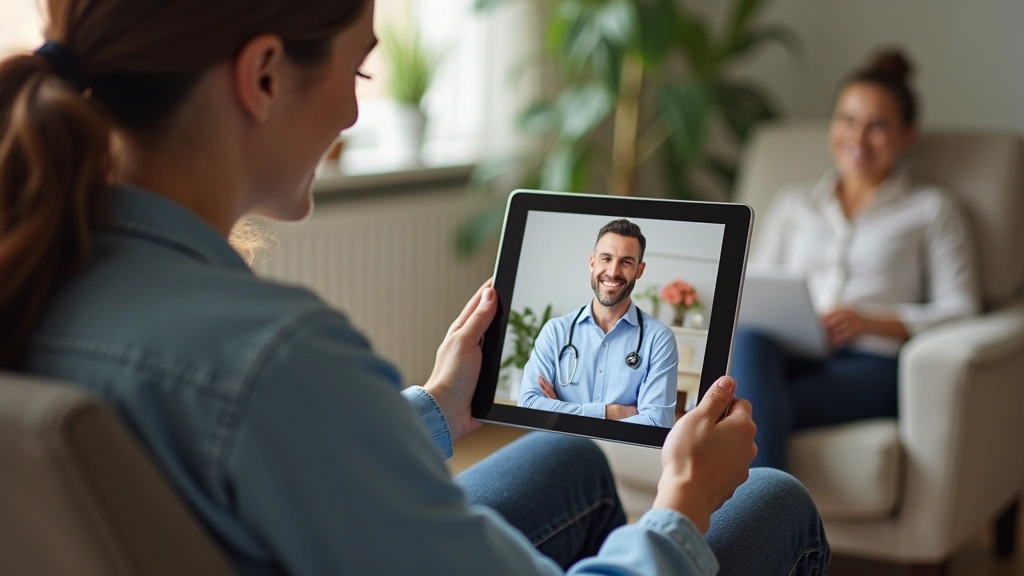 Patient at home on tablet video call with doctor, comfortable home environment, good lighting, patient sitting in chair with 