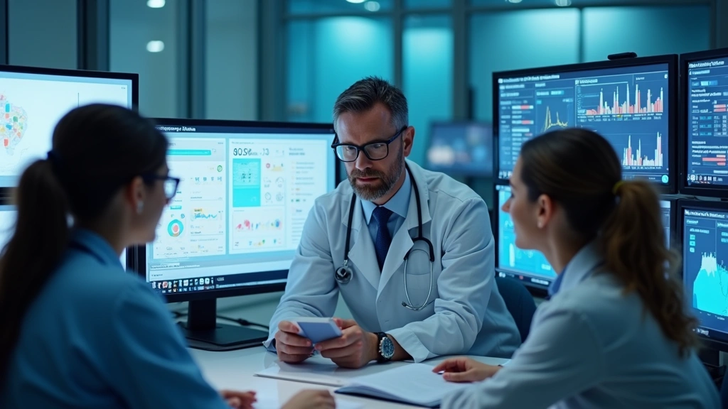 Medical team reviewing telehealth data dashboard on multiple monitors in clinic, showing patient monitoring metrics and chart