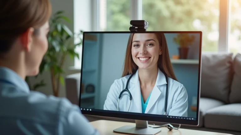 Patient sitting at home on video call with female doctor on computer screen, bright natural lighting, professional medical consultation, modern living room background