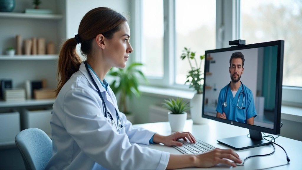 Healthcare provider in medical office conducting telehealth video consultation, professional clinical environment, computer m