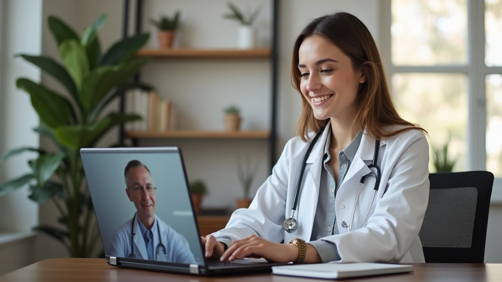 Professional woman in home office video calling with psychiatrist on laptop screen, calm home setting, natural lighting, focu