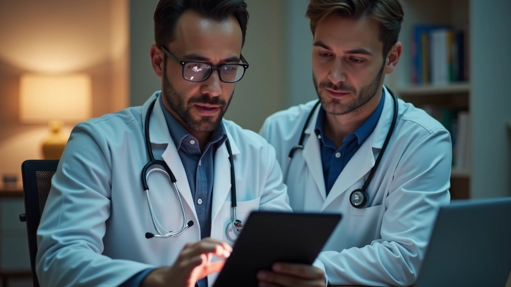 Male psychiatrist in clinical setting reviewing patient notes on tablet during telehealth session, professional medical offic