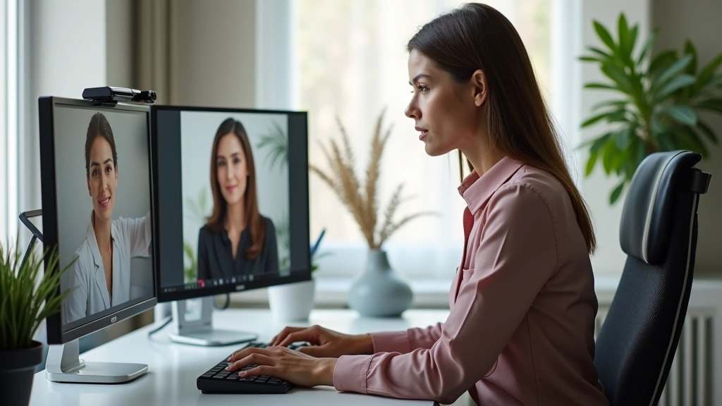 Professional woman in home office with dual monitors conducting video consultation with patient, modern desk setup, natural l