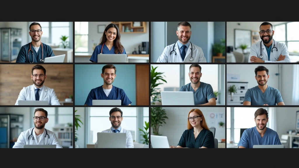 Diverse healthcare professionals on video conference call grid, laptops and medical equipment visible, collaborative virtual