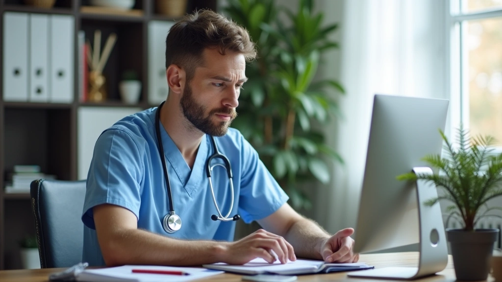 Male nurse practitioner at home office desk reviewing patient records on computer, stethoscope visible, organized medical wor