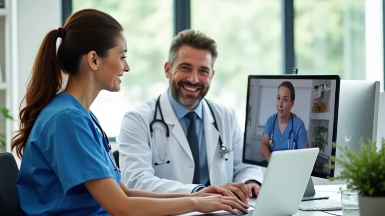 Female nurse video conferencing with patient on laptop in bright home office, professional medical attire, modern computer setup, natural lighting from window