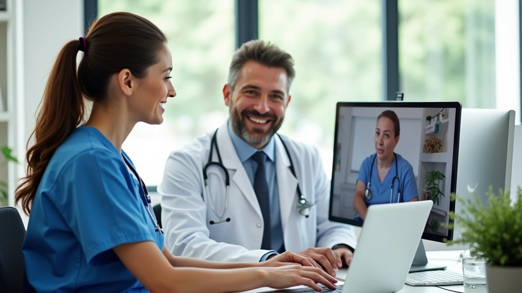 Female nurse video conferencing with patient on laptop in bright home office, professional medical attire, modern computer setup, natural lighting from window