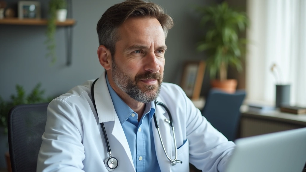 Male telehealth physician wearing white coat in virtual consultation, professional home office background, computer monitor v