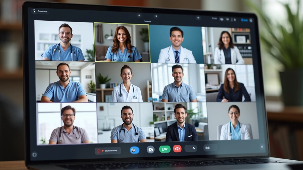 Diverse team of healthcare professionals in video conference grid on computer screen, multiple telehealth workers in home off