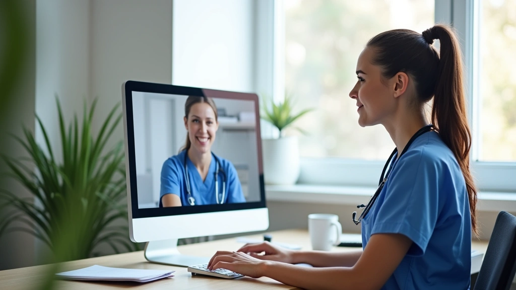 Professional nurse in home office with computer, video call with patient on screen, medical documents visible, modern healthc