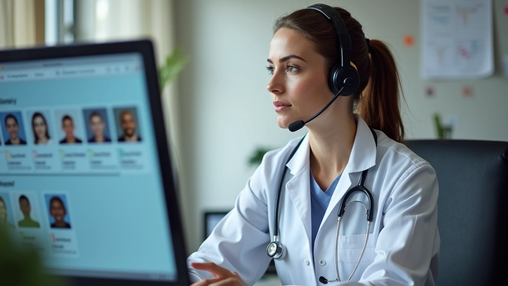 Female nurse wearing headset at desk reviewing patient charts on computer monitor, virtual healthcare consultation, professio