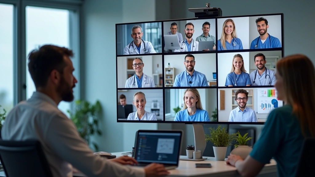 Diverse healthcare team in virtual meeting on video conference, multiple screens showing patient data, telehealth platform in