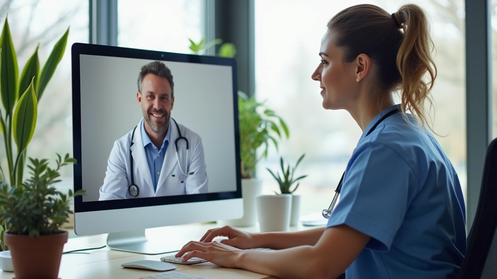 Professional nurse practitioner in home office with computer, video call consultation with patient on screen, modern medical