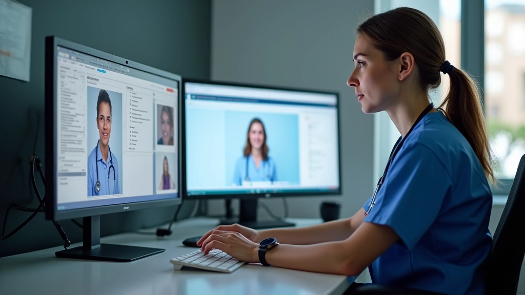 Female nurse practitioner sitting at desk with multiple monitors, reviewing patient records, professional telehealth environm