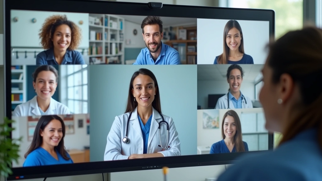 Diverse healthcare team in virtual meeting, nurse practitioner on video conference call, collaborative remote medicine settin