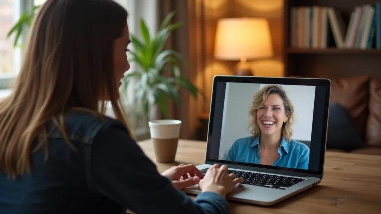Professional therapist conducting video consultation with patient on laptop in comfortable home office setting, warm lighting, focused and engaged conversation