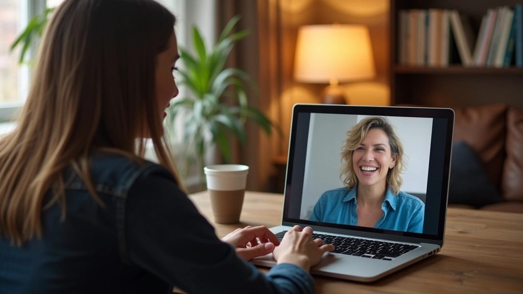 Professional therapist conducting video consultation with patient on laptop in comfortable home office setting, warm lighting, focused and engaged conversation