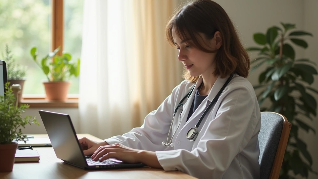 Patient sitting at desk using tablet for telehealth appointment, peaceful home environment, natural sunlight, calm and relaxe