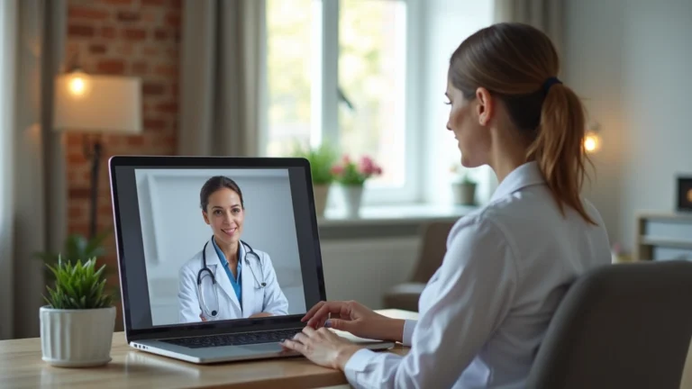 Professional woman using laptop for virtual doctor consultation at home, video call with healthcare provider visible on screen, modern living room setting, natural lighting
