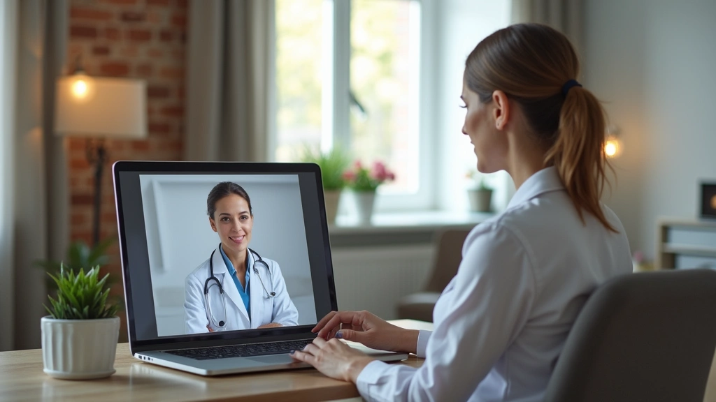 Professional woman using laptop for virtual doctor consultation at home, video call with healthcare provider visible on scree