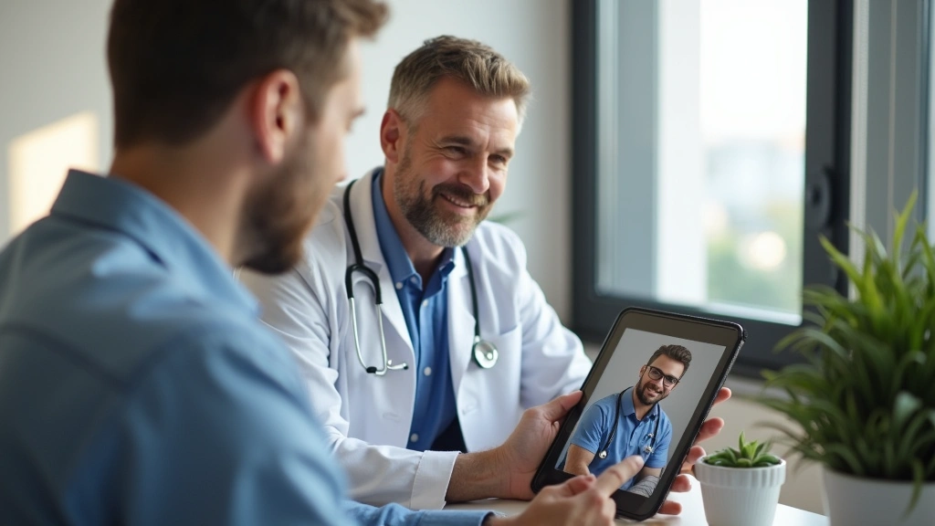 Male patient on tablet video call with licensed mental health counselor, calm office environment, supportive healthcare inter
