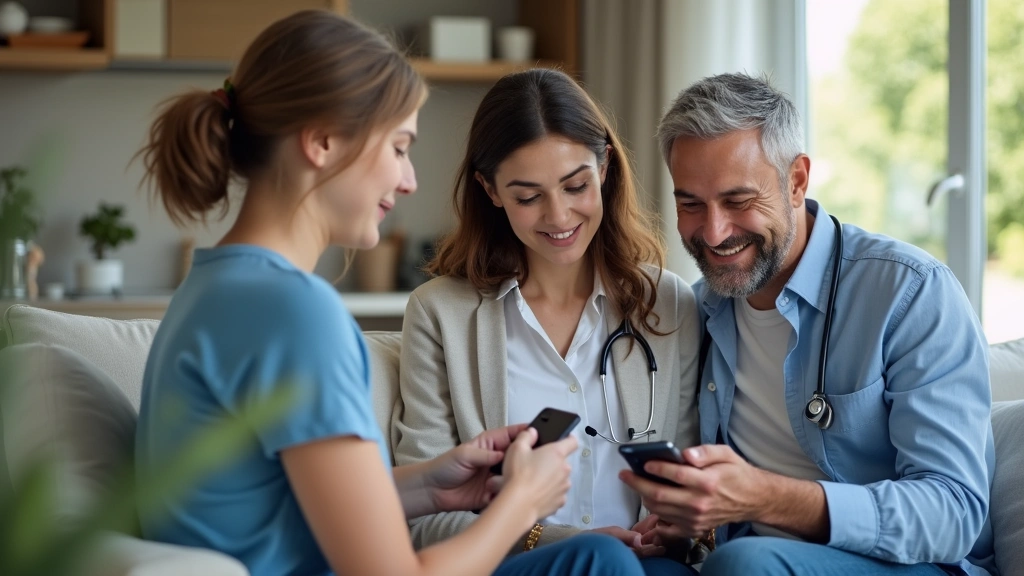 Diverse family scheduling online appointment on smartphone, checking calendar, healthcare access from home, modern digital he