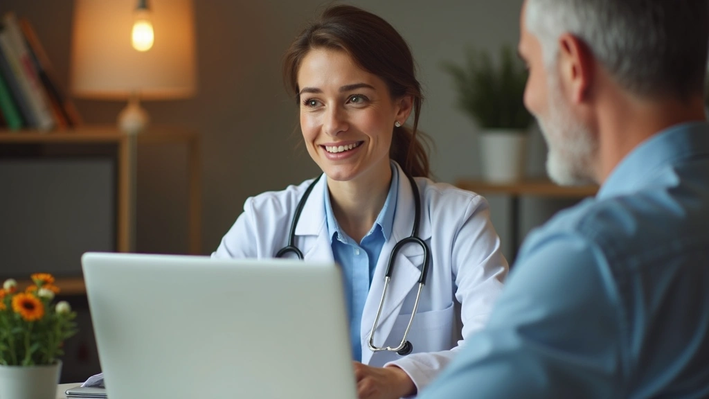 Professional woman doctor in white coat conducting video consultation on laptop, home office background, warm lighting, patient perspective view