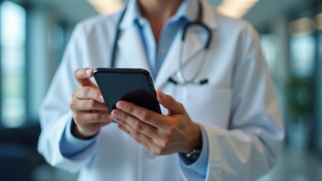 Close-up of hands holding smartphone with telemedicine app interface, healthcare professional visible on screen, modern medic