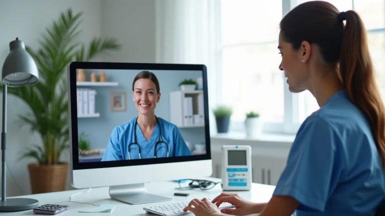 Professional female nurse practitioner in home office conducting video consultation with patient on computer screen, modern desk setup with medical equipment, natural lighting from window, healthcare technology visible