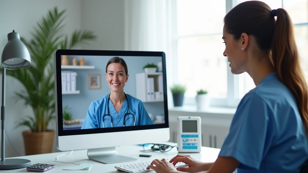Professional female nurse practitioner in home office conducting video consultation with patient on computer screen, modern desk setup with medical equipment, natural lighting from window, healthcare technology visible