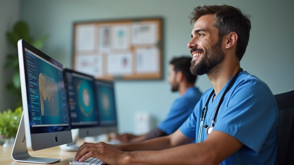 Diverse male nurse practitioner working remotely at desk with multiple monitors displaying patient charts and telehealth inte
