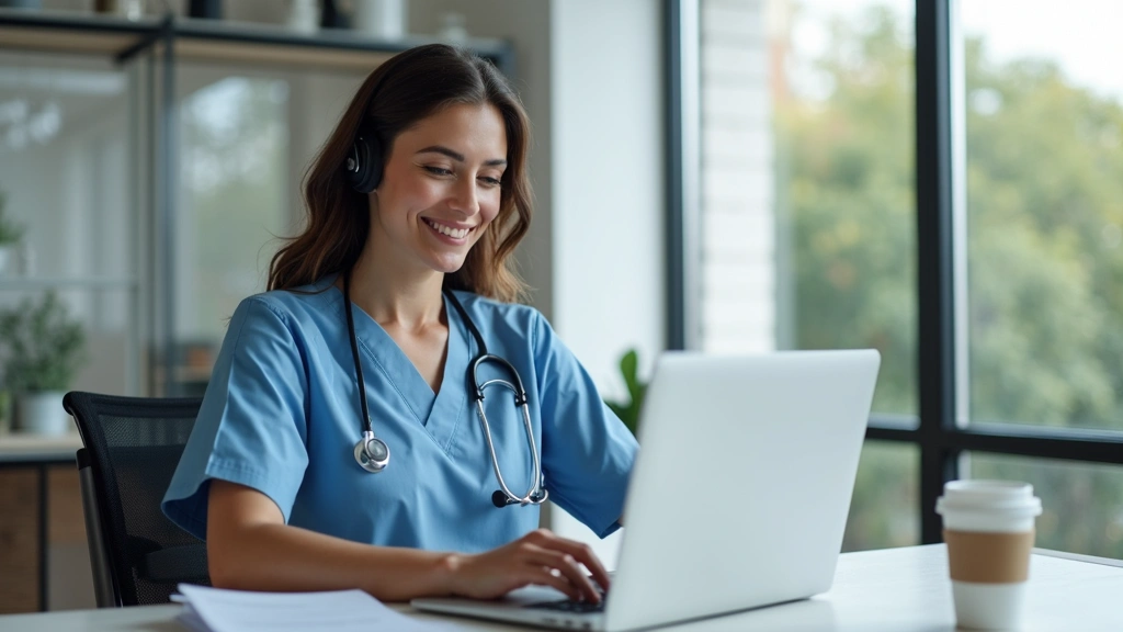 Female nurse practitioner in virtual care setting using laptop for patient consultation, wearing professional attire, headset