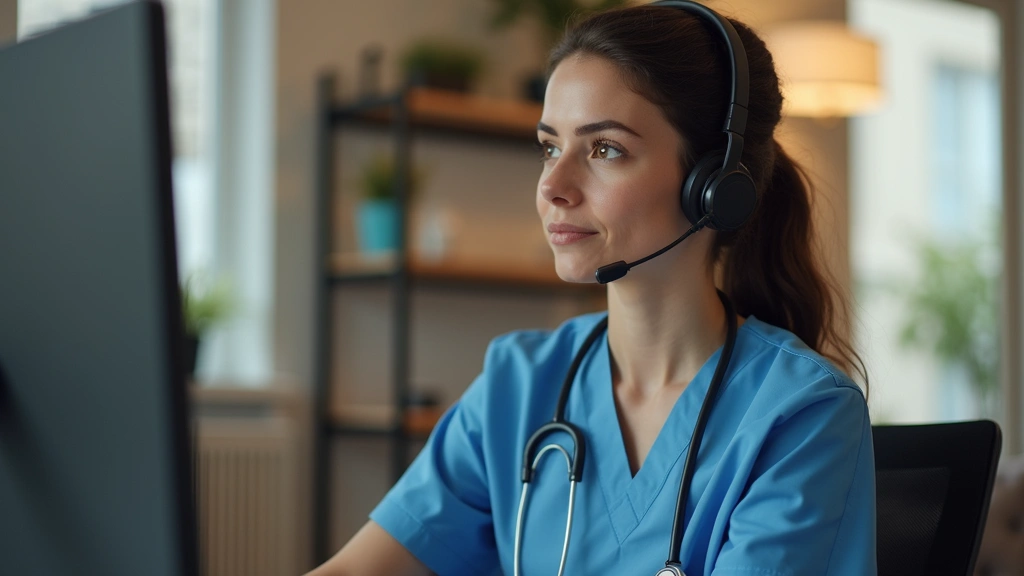 Professional female registered nurse in home office setting with computer and headset during video consultation, modern healthcare workspace, warm lighting, focused expression