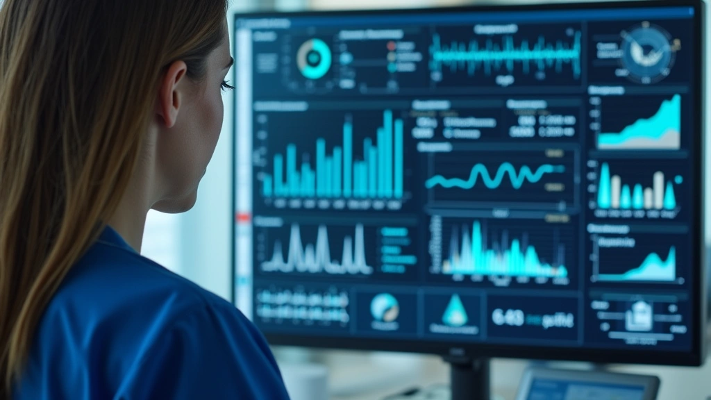 Telehealth nurse monitoring patient vital signs on digital dashboard display with multiple health metrics and graphs, modern 