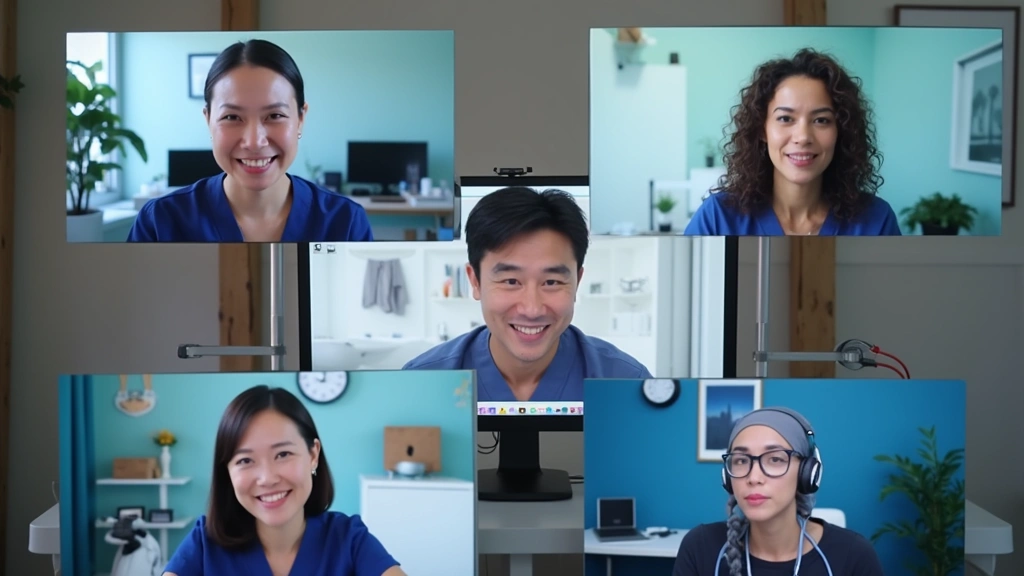 Diverse telehealth nurse team in virtual clinic setting with multiple video call windows on screens, collaborative remote hea