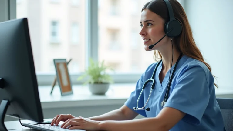 Professional nurse sitting at home office desk with computer, wearing headset, conducting video consultation with patient, modern minimalist workspace, natural lighting, healthcare setting