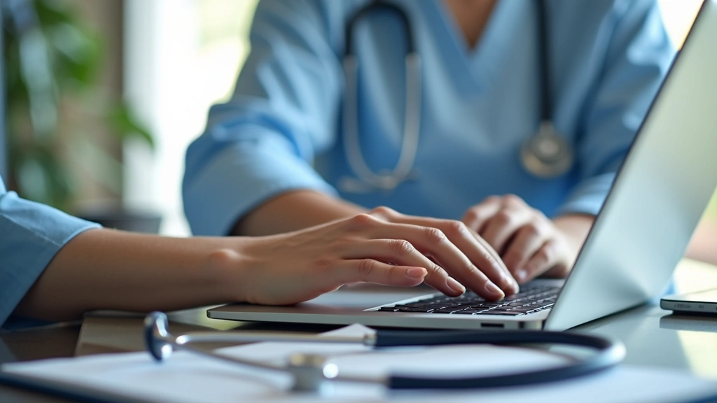Close-up of nurse hands typing on laptop keyboard during telehealth session, professional home office environment, stethoscop