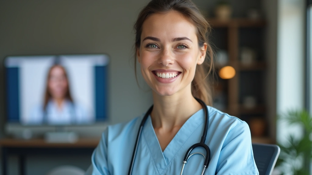 Female nurse in professional attire on video call screen, warm home office background, digital health interface visible, pati