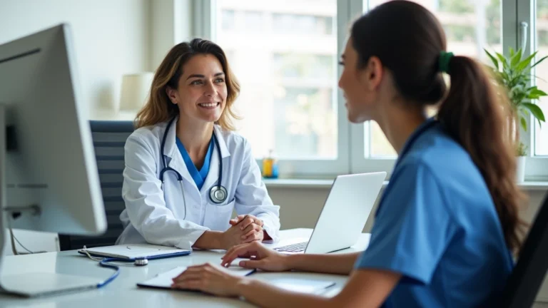Nurse practitioner in modern home office with dual monitors, stethoscope on desk, professional medical environment, natural lighting from window, focused on computer screen during patient consultation